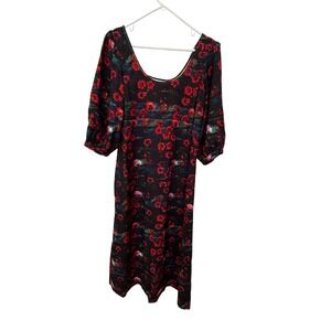 Rachel Comey Floral Midi Dress Womens 6 Black Red Puff Sleeve Empire Waist